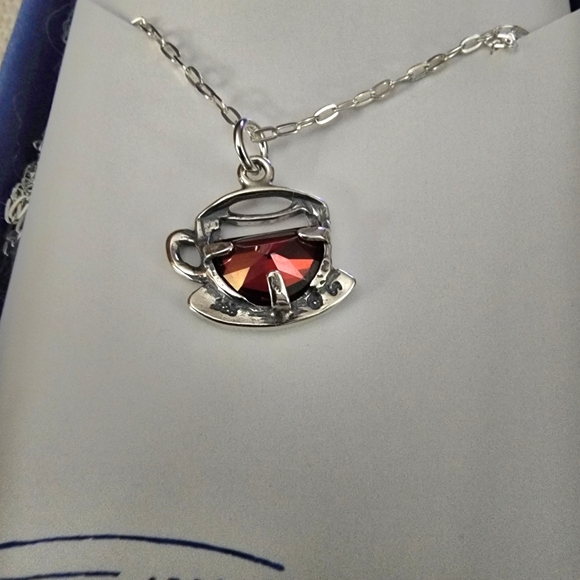 Sterling Silver Coffee Cup Teacup with Red Cubic Zirconia CharmNecklace, 18" - Picture 2 of 4